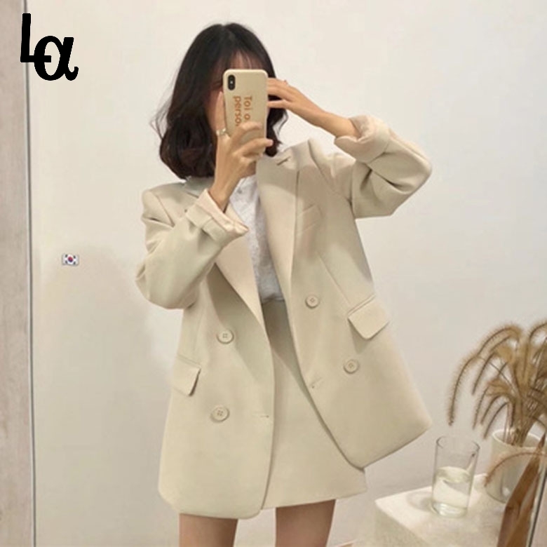 

Summer Spring Office Lady Women Blazer Skirt 2 Pieces Set OL Suit Double Breasted Oversized Jacket 210519, Black