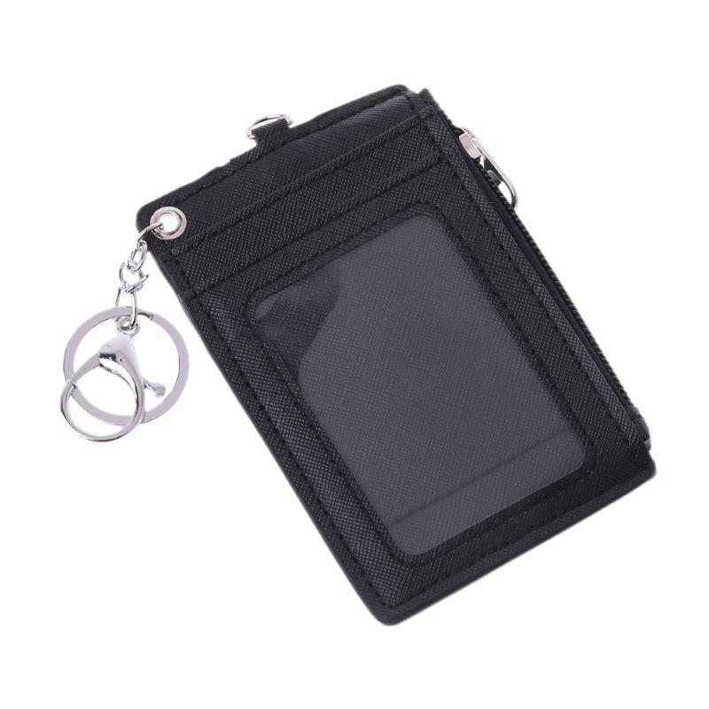 

Card Holders Portable Leather Business ID Credit Badge Holder Coin Purse Wallet Keychain, Bk