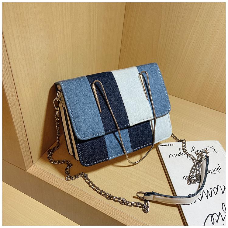 

Cross Body Retro Ladies Small Square Shoulder Bags Fashion Design Women's Denim Stitching Crossbody Elegant Female Chain Purse Handbag, Blue