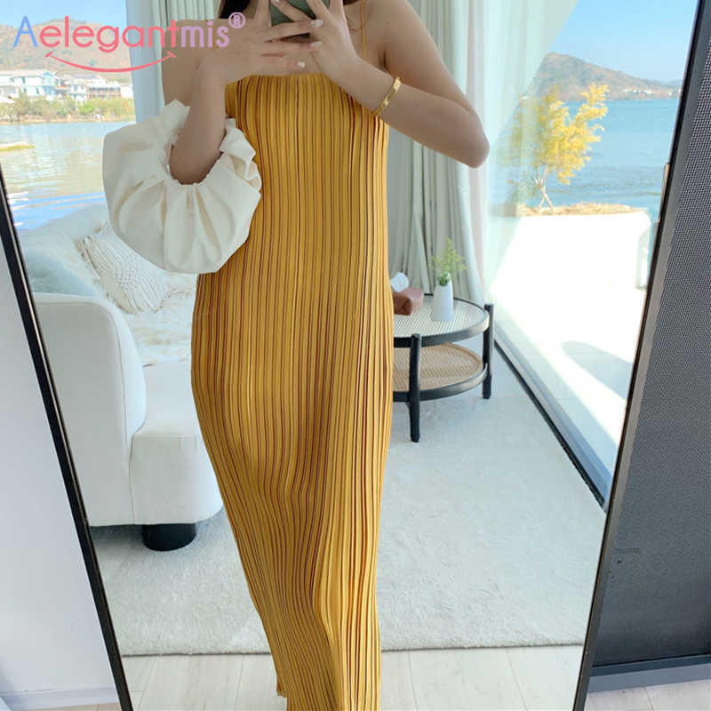 

Aelegantmis Casual Satin Holiday Spaghetti Strap Dress Women Summer Chic Beach Long Slip Female Sexy Vestidos Mujer Solid 210607, Gold