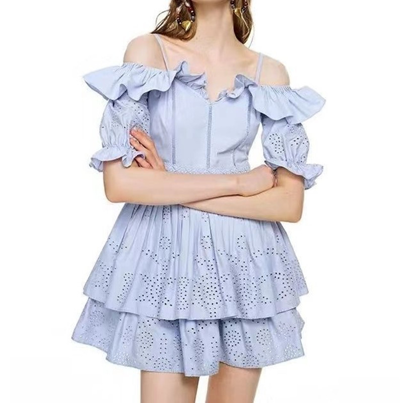 

ZAWFL Arrive Summer Women Dress Slash Neck Off Shoulder Ruffles Hollow Out Embroidery Cake Sexy Blue Mini es 210525, Picture color