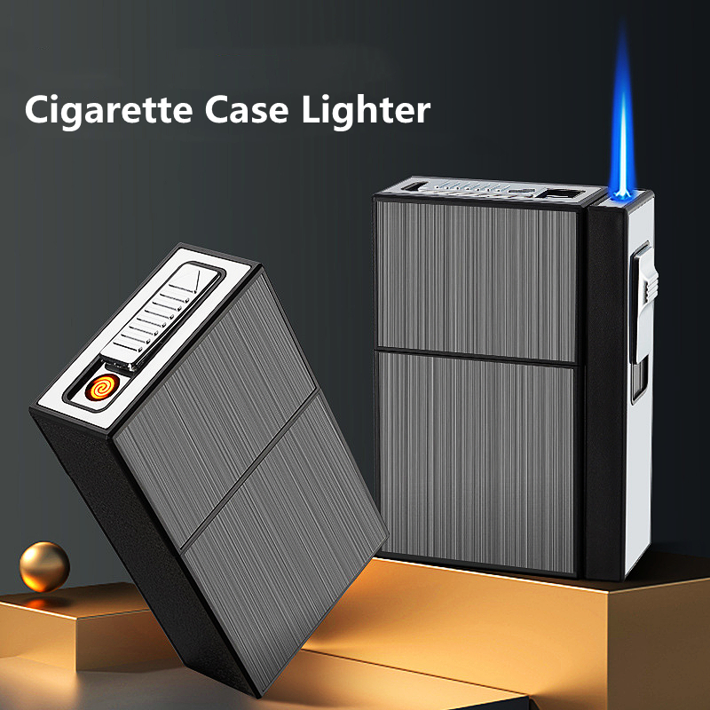NEW Windproof Metal Cigarette Case Torch Lighter Jet 20PCS USB Rechargeable Gas Butane Lighters Cigarette Holder Box Men Gadgets-image-722420166
