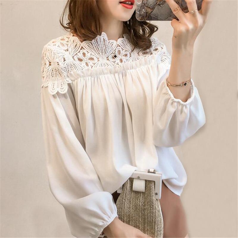 

Women' Blouses & Shirts Women Chiffon Blouse Spring Autumn White Lace Lady Long Sleeve Hollow Out OL Loose Plus Size Blusas Tops SF910, Black