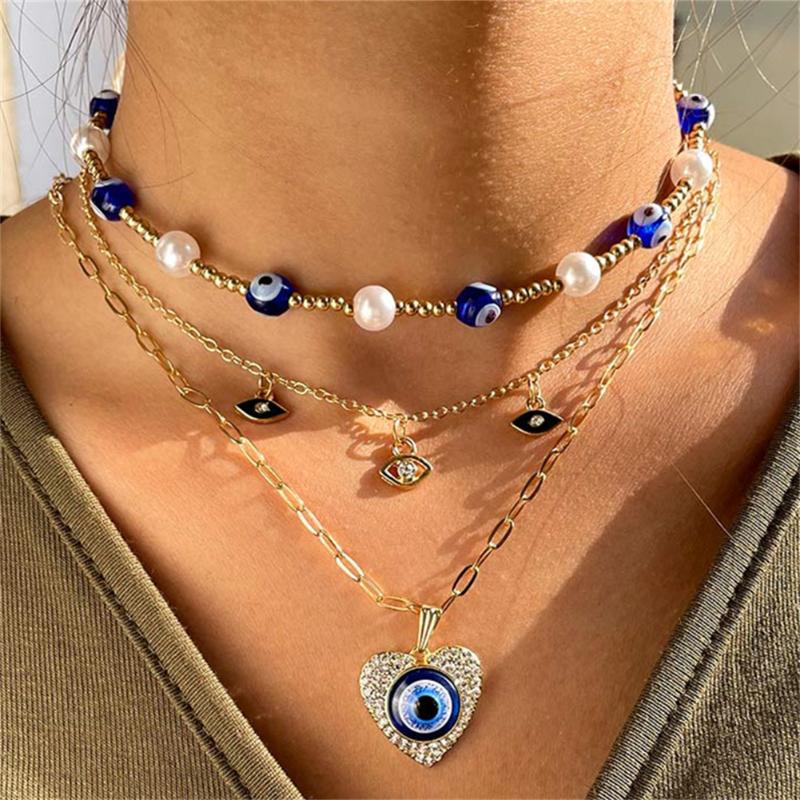 

Chains Turkish Lucky Blue Evil Eyes Beads Chain Necklace For Women Heart Charm Gold Color Metal Necklaces 2022 Statement Jewelry, Silver