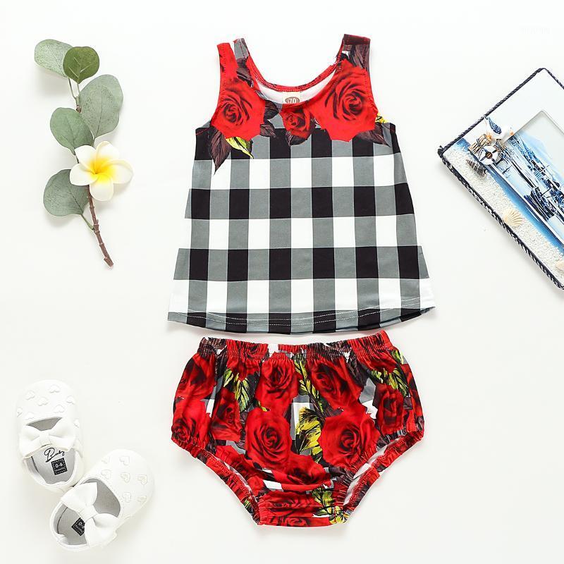 

Baby & Children's 0-24M Infant Girl Clothes Set Sleeveless Ruffles Plaid Top + Floral Shorts Outfit Clothing Sets, White