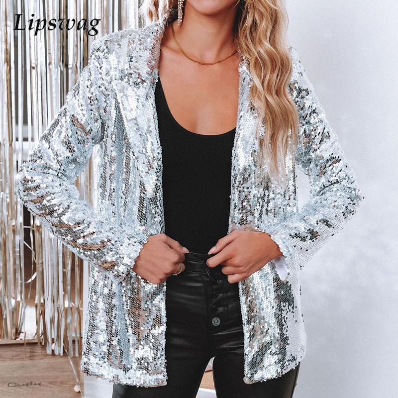 

Women's Jackets Women Winter Elegant Glitter Sequin Shiny Party Jacket Autumn Fashion Turn-down Collar Tops Ladies Casual Long Sleeve Cardig, Black;brown