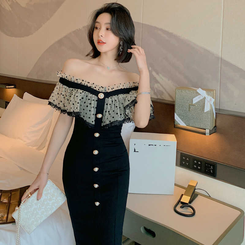 

summer women' word collar strapless stitching ruffled slim dress Sleeveless Zippers Knee-Length V-Neck 210603, Black