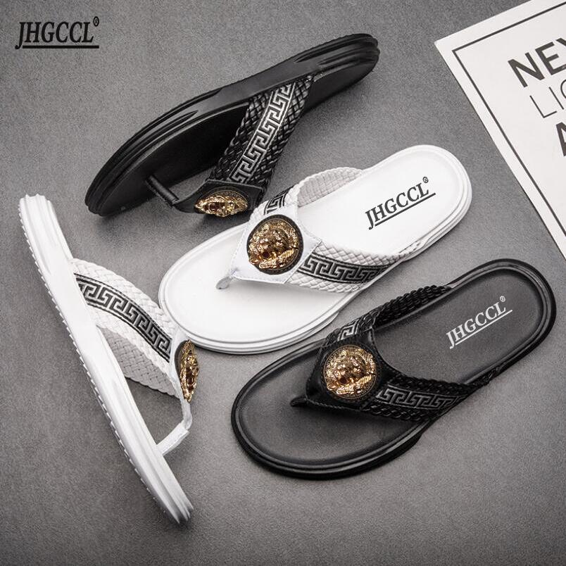 

2021 Flip-flops leather sandals for men cowhide Slippers summer luxury accessories woven t24, White