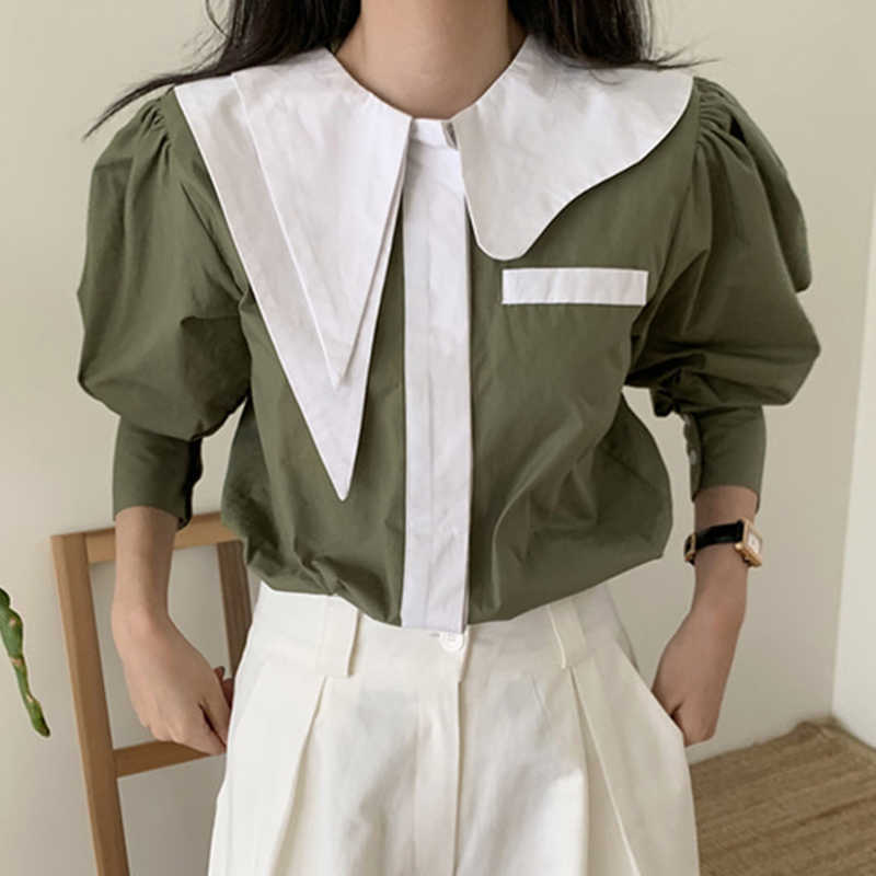 

Design Asymmetrical Single Breasted Loose Puff Sleeve Shirts Turn-down Collar Womens Tops 210615, Green