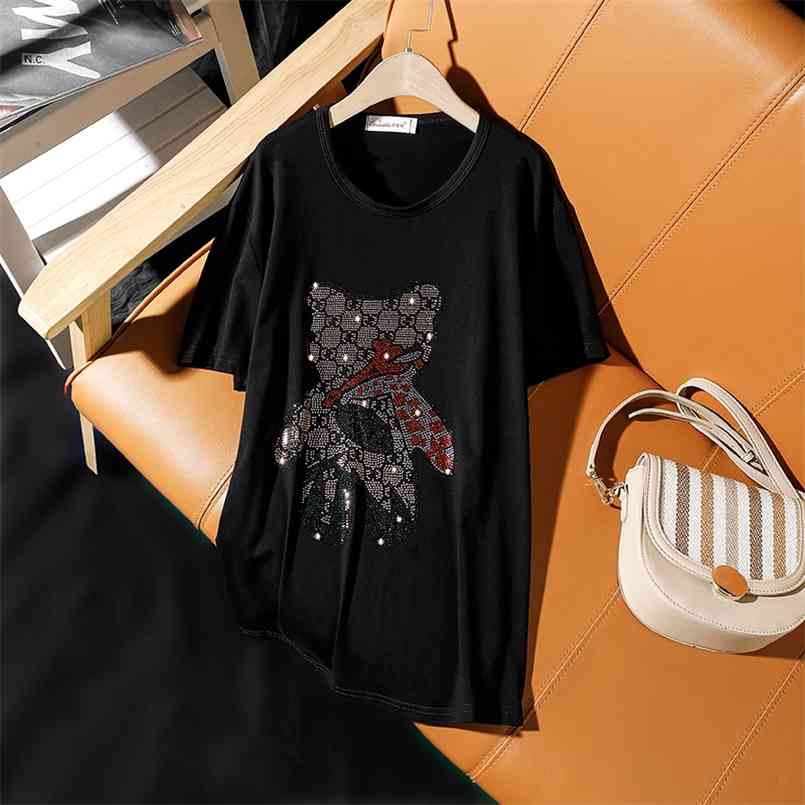 

Summer Europe Style Fashion Loose Plue Size Short-Sleeve T-Shirt For Women Personality Cartoon Diamond Female Tops 210708, Black