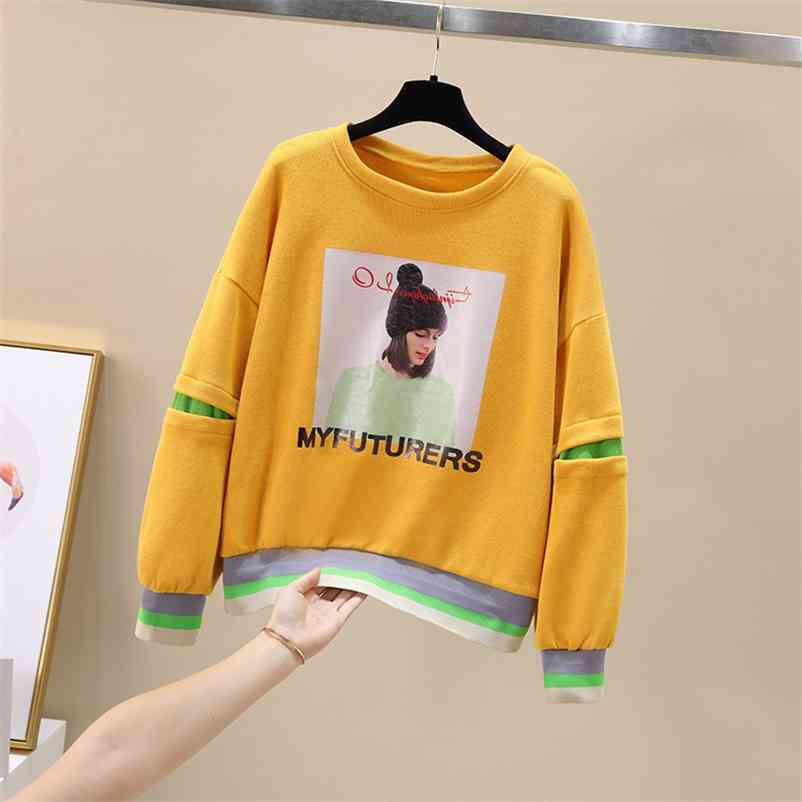 

Korean Style Autumn Women' Long Sleeves O Neck Print Tops Girls Ladies Pullover Casual Hoodies Blouse A4012 210519, Yellow