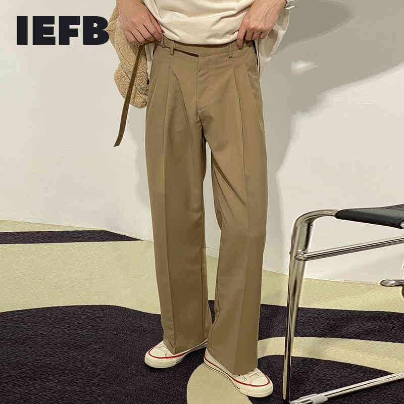

IEFB Spring And Summer Loose Vent Hem Straight Business Trousers Trend Korean Streetwear Wide Leg Casual Suit Pants 9Y6919 210524, Khaki