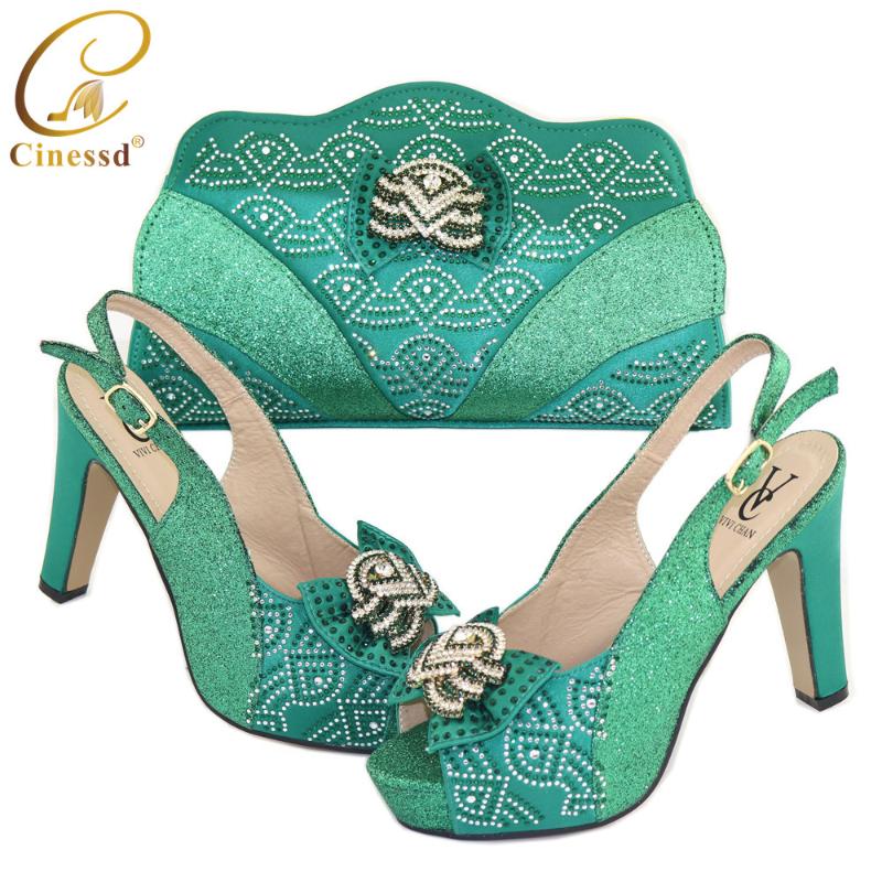 

Dress Shoes Italian Design Est Teal Color Elegant Noble Style Party Ladies And Bag Set Decorated With Shinning Rhinestone, Black