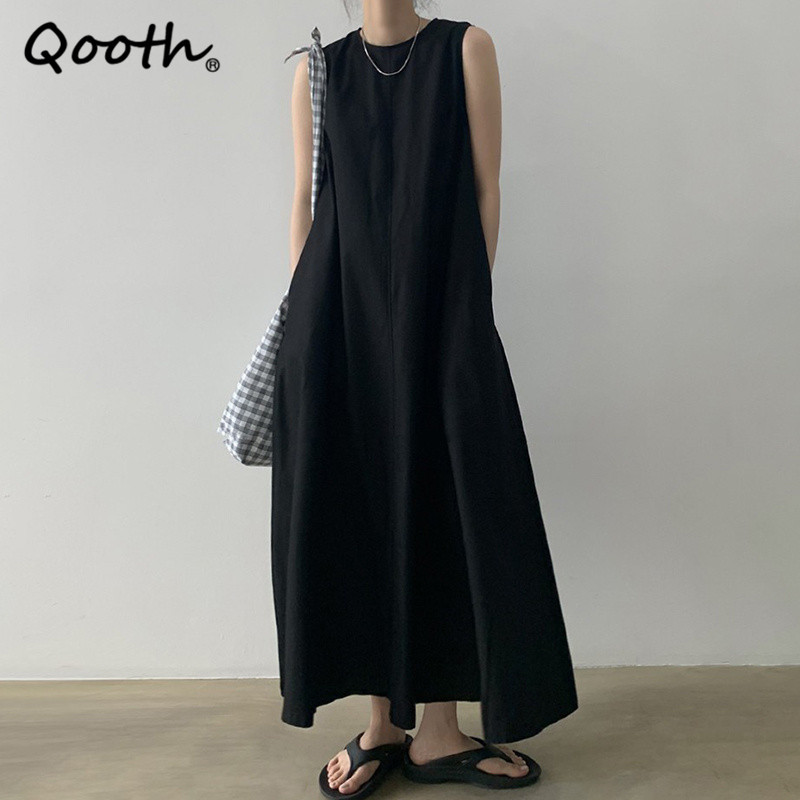 

Qooth Sleeveless O-Neck Pullover Long Dress Solid Simple Design Loose Large Swing Dress Womens All Match Causal Dress QT601 210518, White