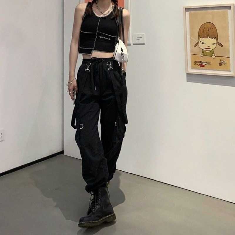 

QWEEK Gothic Cargo Pants Women Harajuku Black High Waisted Pants Hippie Streetwear Kpop Oversize Mall Goth Trousers For Female X0713