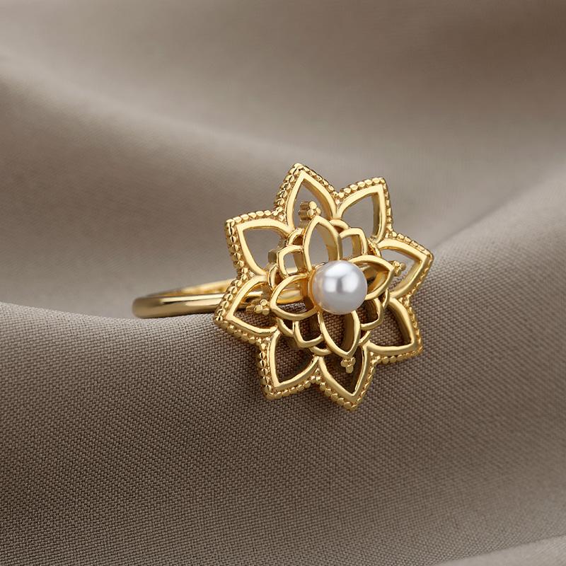 Cluster Rings Lotus Pearl Ring Stainless Steel Gold Silver Color Flower For Women Vintage Couple Aesthetic Jewelry Gift Bague Femme-image-711784089