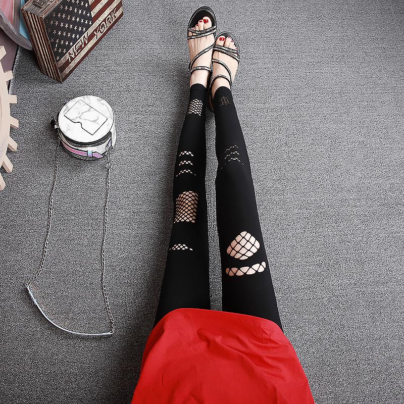 

Summer Women's Elastic Leggings High Waist Ripped Holes Fashionable Casual Black Stretch Pants 2021 In