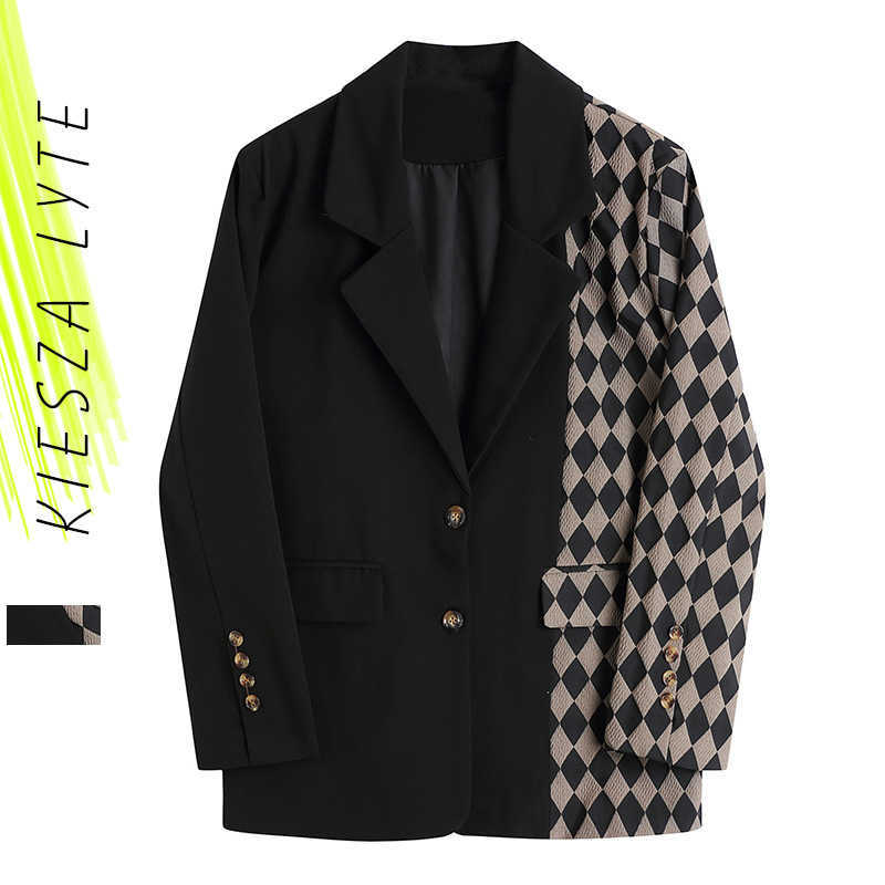 

Women Vintage Black Plaid Stitching Blazer Lapel Long Sleeve Loose Fit Jacket Fashion Spring Autumn coats 210608