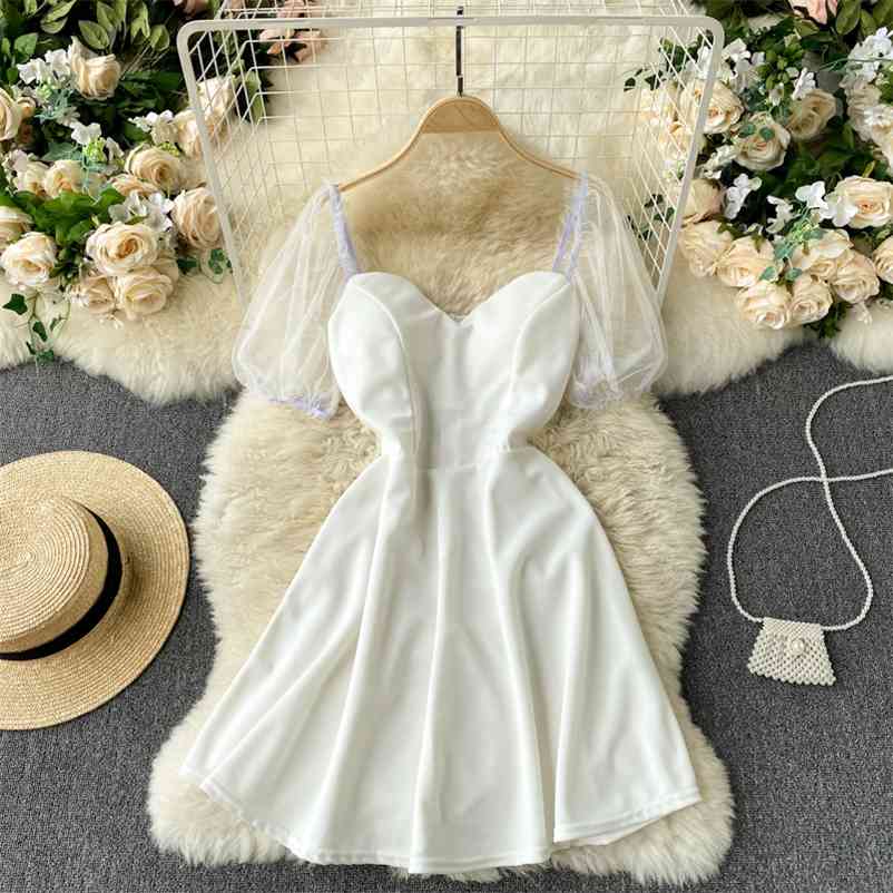 

Women Mesh Stitching Short Puff Sleeve Slim Dress Square Collar High Waist Fashion Spring Summer 11B571 210525, White