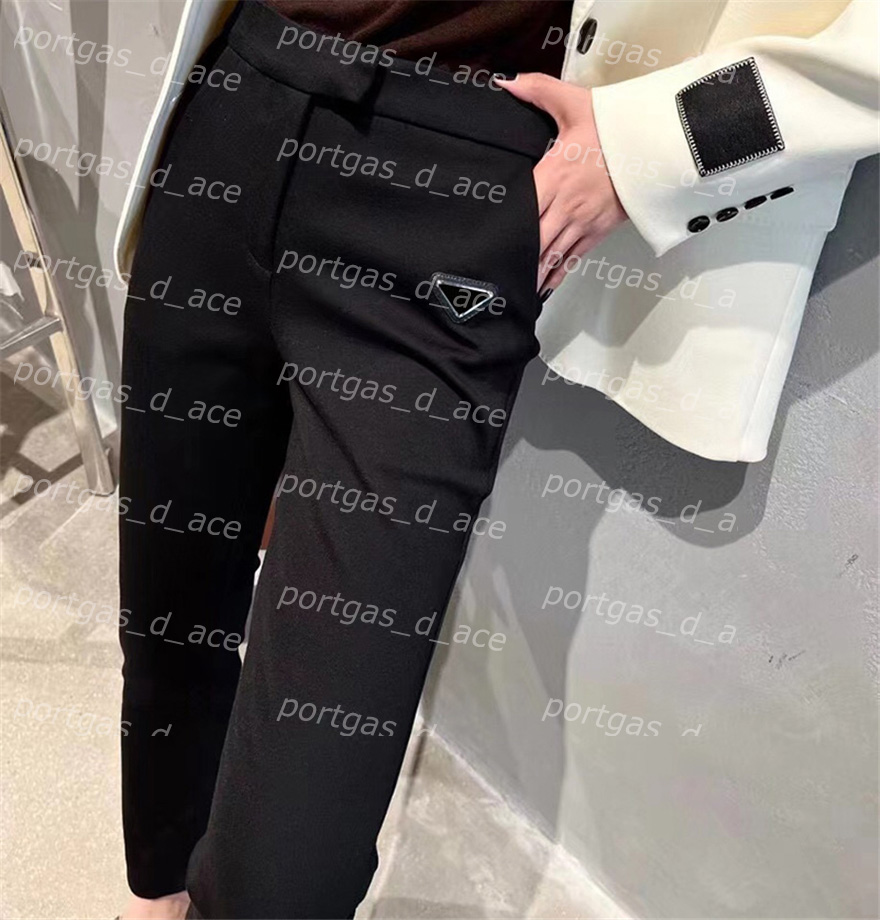 

Triangle Badge Straight Pants Black Trousers For Ladies Womens Full Length Street Style Pants, Black with label #20220308