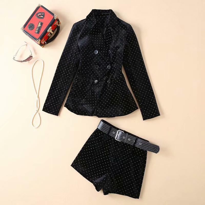 

Women' Two Piece Pants HIGH QUALITY Fashion 2021 Fall Winter Runway Suit Set Vest Glitter Velvet Blazer Shorts 3pcs, As pic