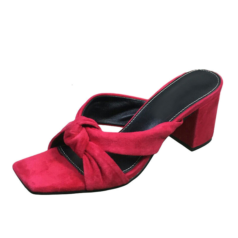 

Sandals Summer Slippers Chunky High Heel Mules Kid Suede Knotted Upper Square Toe Ladies Sexy Party Shoes Women Sandalias 2021 0UQ, Black