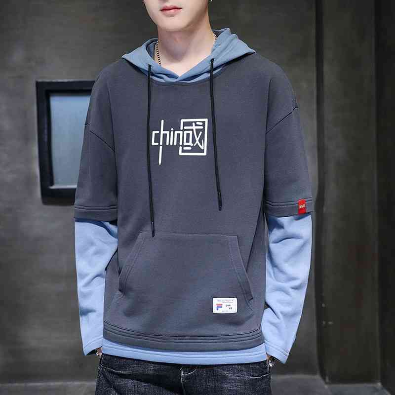 

Autumn new Guochao Hoodie men's Korean version trend loose student long sleeve T-shirt Chinese fake two pieces, 710 black