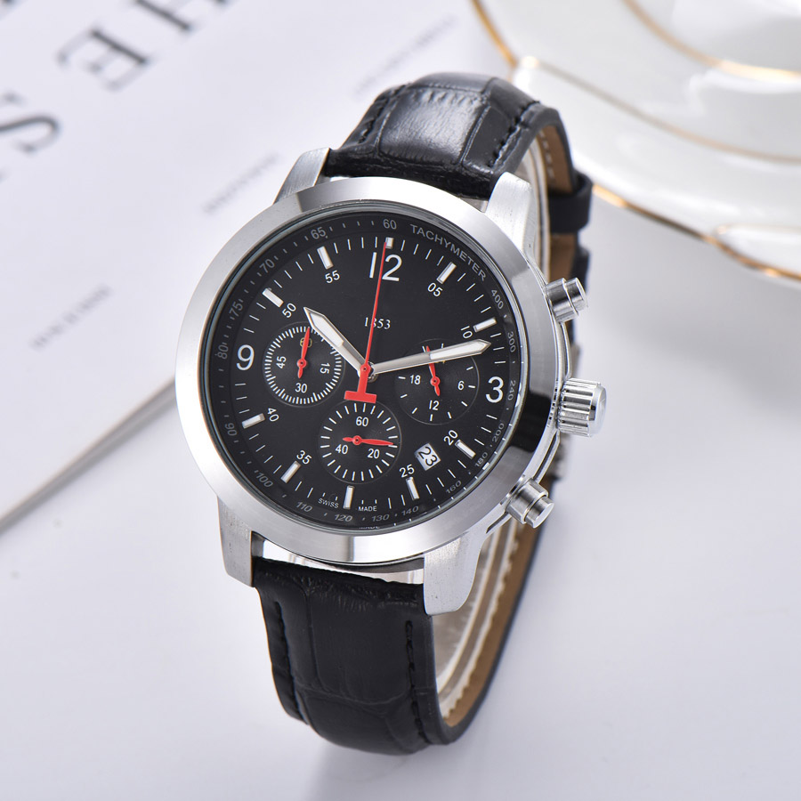

Brand Watch Men TISS 1853 Multifunction style Leather Strap quartz wrist Watches Small dials can work TT48, Gold brown white
