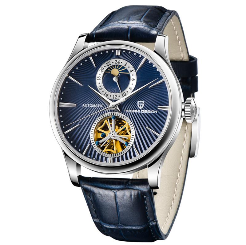 

Wristwatches Famous Business Sapphire Crystal Men's Watch Automatic Mechanical Self Wind Full Steel Case Blue Casual Male Clock A391, 01