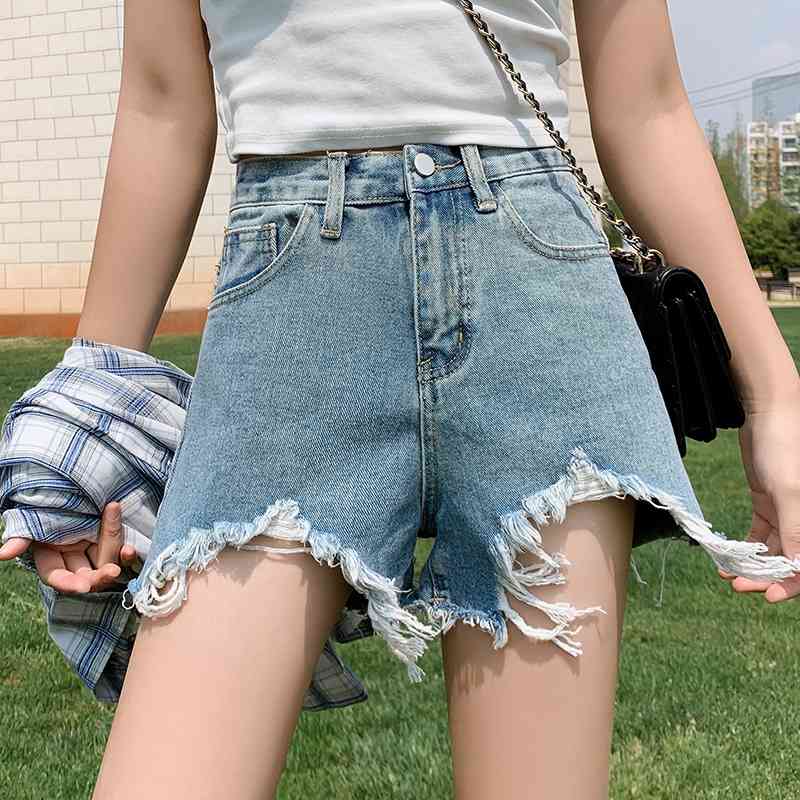

Irregular Burr Hole Denim Shorts Women High Waist Solid Female Blue Jean Skirt Summer Fashion Casual Ladies 210603