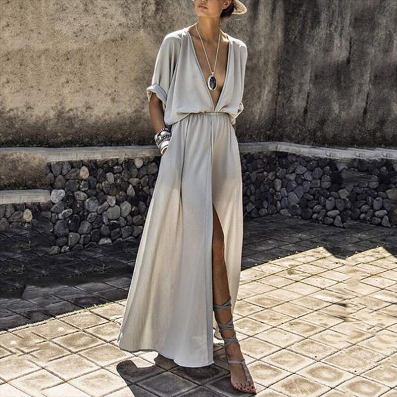 

deep v neck split womens dresses casual half sleeve maxi solid loose sweetwear empire summer elegant ankle length, Black;gray