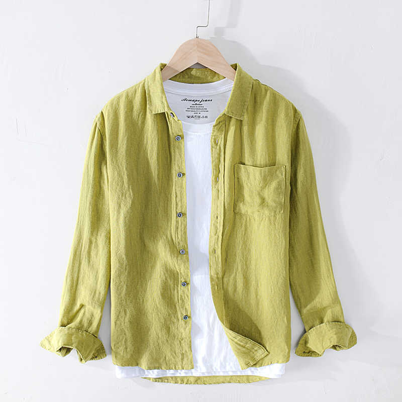 

Pure Linen Shirts for Men Long Sleeve Casual Turn-down Collar Basic Classic Tops Male Fashion Solid Color Retro Clothing 210628, 610 gray