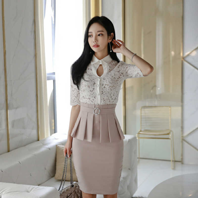

spring and summer Korean version of the lace shirt Slim pleated bag hip skirt two-piece suit 210603, Khaki