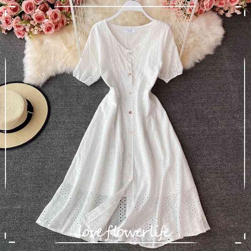 

LoveFlowerLife Summer Solid Sexy Casual Dress Single Breasted A Line V Neck Hollow Out Lantern Sleeve Women Dresses 210521, Blue