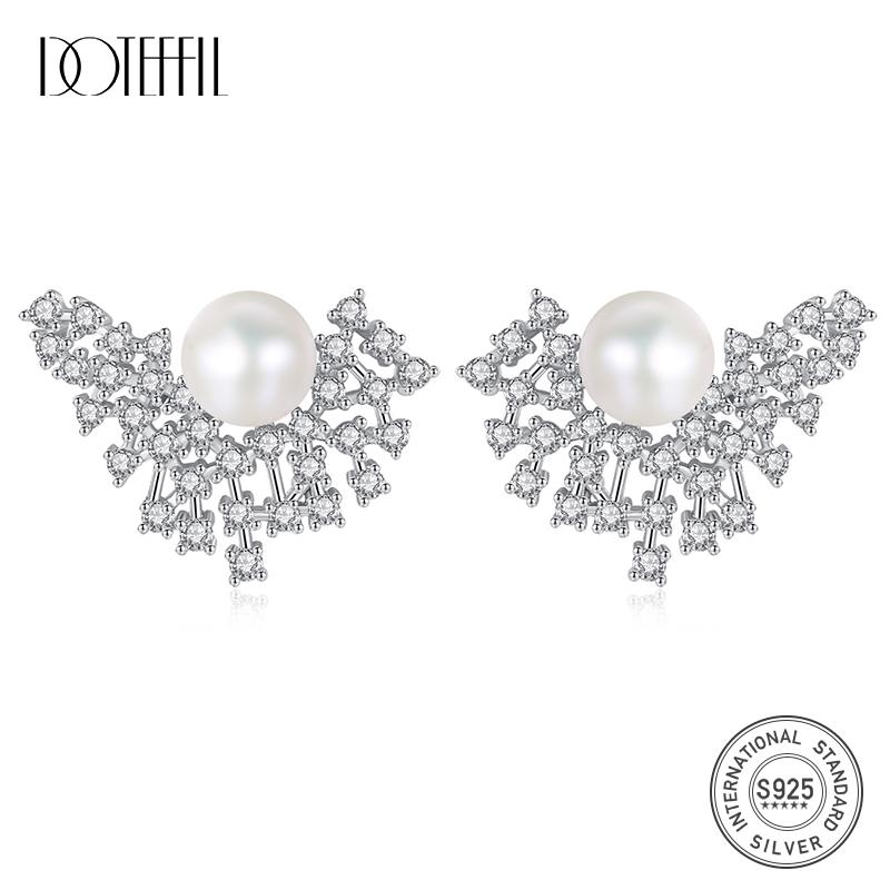 

Stud DOTEFFIL Earrings Natural Freshwater Pearl 100% 925 Silver Zircon Inlay For Women Jewelry Gift, Golden;silver
