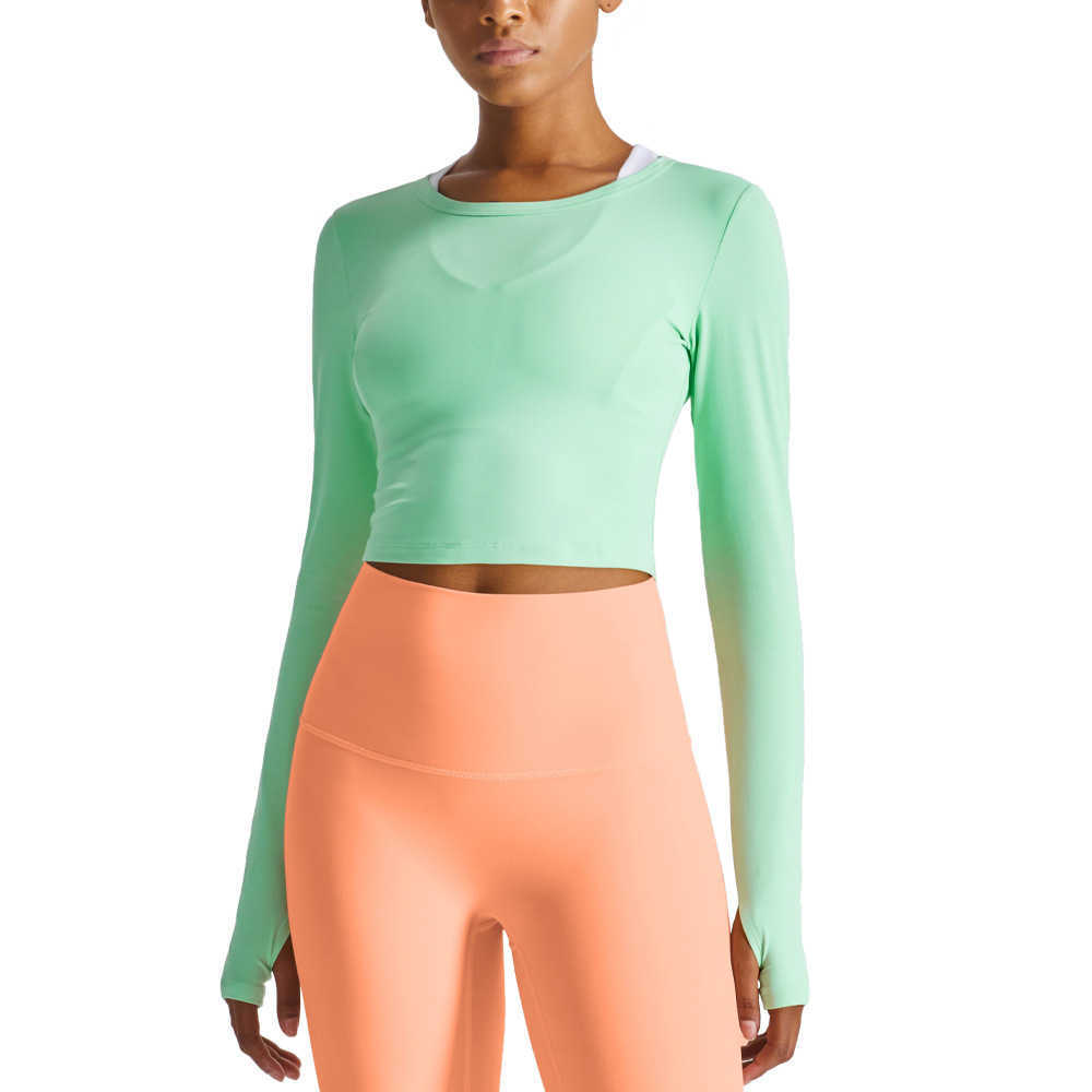 

lu-156 Yoga Fitness Clothes Top Women's Breathable Pullover Round Neck Long Sleeve T-shirt Running Fitness Gym Shirt, Peach orange