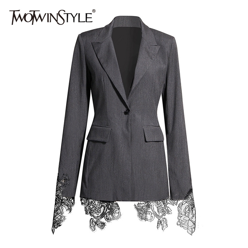 

Patchwork Lace Black Blazer For Women Notched Long Sleeve Split Casual Blazers Female Fashion Clothing Spring 210524