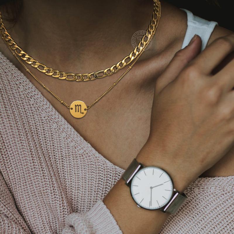 

Pendant Necklaces 12 Zodiac Sign Coin Charm Choker Necklace For Women Stainless Steel Gold Color Curb Cuban Satellite Chain Jewelry LDN274