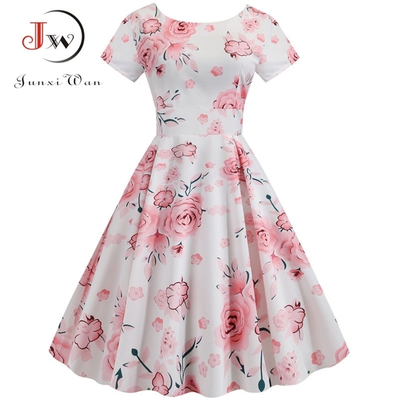 

Summer Floral Print Elegant A-line Party Dres Slim White Short Sleeve Swing Pin up Vintage Dresses Plus Size Robe Femme 210701, Pettiskirt red