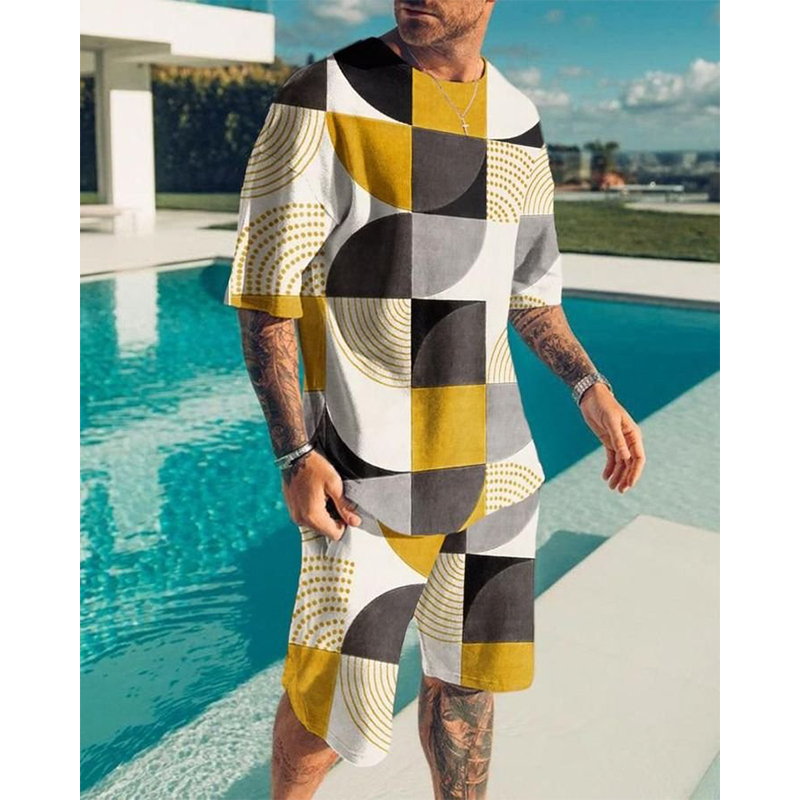 

Mixed plaid pattern men's sports suit short-sleeved T-shirt with shorts, comfortable, breathable and dry, daily leisure sports, Gray