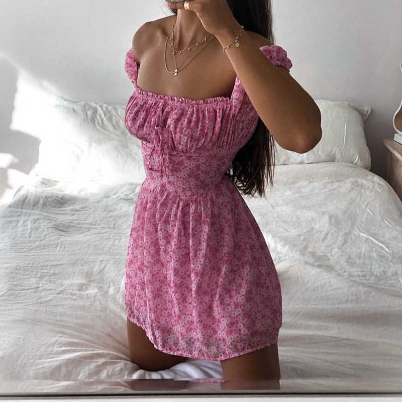 

Floral Print Fashion Ruched Sexy Backless Mini Sundress Puff Sleeve 2021 Summer Holiday Dresses Women Clothes Y0603, Green