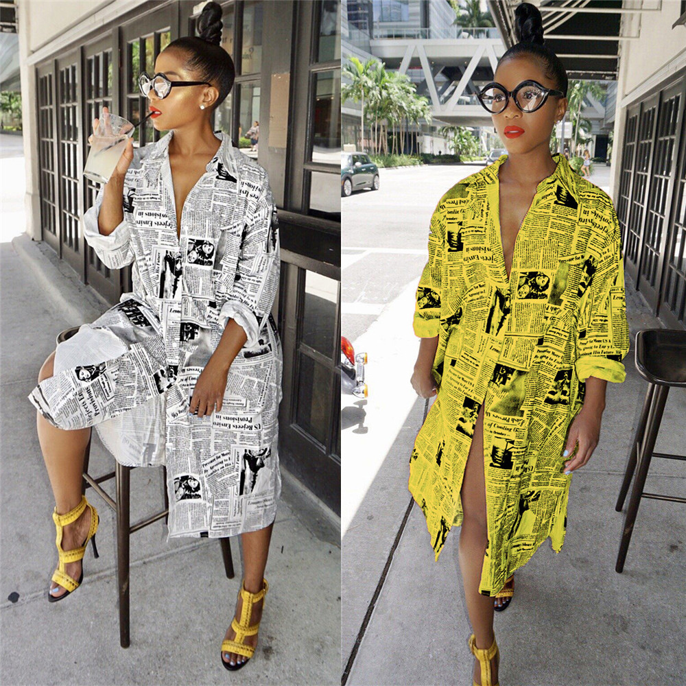 

New Sales Newspaper Letter Printing Fashion Women Long Shirt Dresses Long Sleeves Lapel Neck Buttons Spring Summer Casual Dress 2021, White