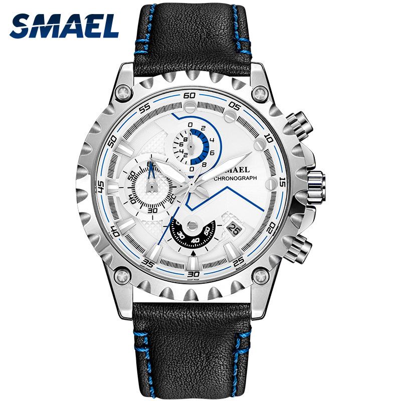 

Wristwatches SMAEL Fashion Men Quartz Watch Business Luxury Sports Stainless Steel Dial Life Waterproof Chronograph Montre Homme, Silver blue