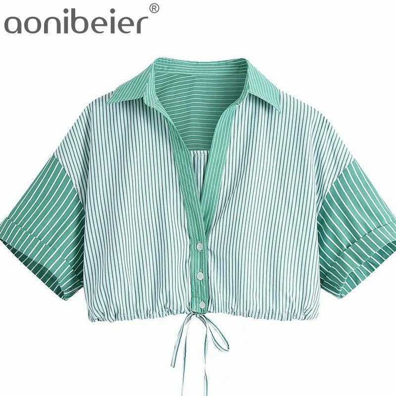 

Summer Women Striped Splicing Blouse Crop Tops Female Short Sleeve Shirt Casual Lady Loose Blusas 210604, As pic