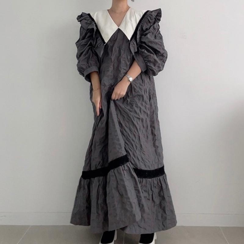 

Casual Dresses Maxi Contrast Color Patchwork Pleated Loose Lapel Long Puff Sleeve Grey Dress Women Ankle Length Vestido Mujer, Black;gray