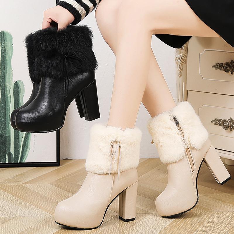 

Boots 71501 Warm Plush Short Solid Color Casual Femininity High-heeled Women's Bow, Beige