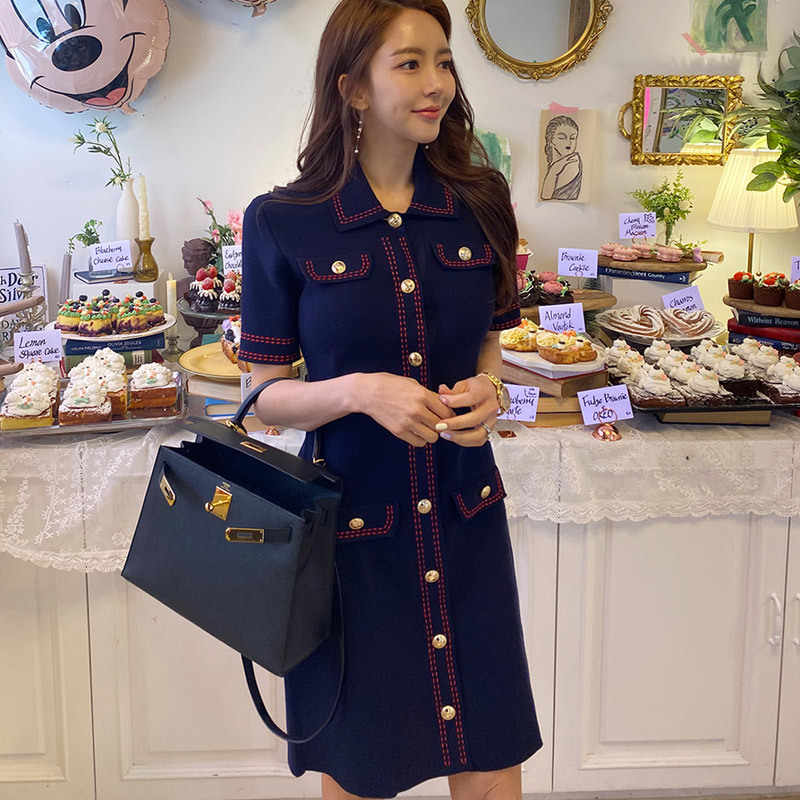 

Fashion women's dress summer was thin retro temperament small fragrance knit single-breasted 210520, Blue