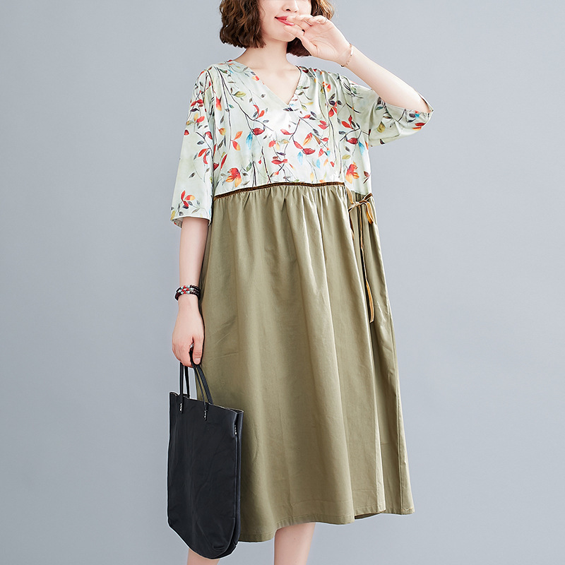 

Johnature Print Flower Vintage Patchwork Casual Knee-Length Dresses Summer V-Neck Sleeve Loose Belt Women Dresses 210521, Green