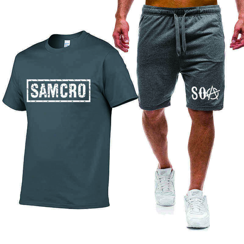 

Summer Solid color Men's short sleeve SOA Sons of Anarchy Printing high quality Pure cotton Men's T-shirt+shorts 2-piece set X0610, Black