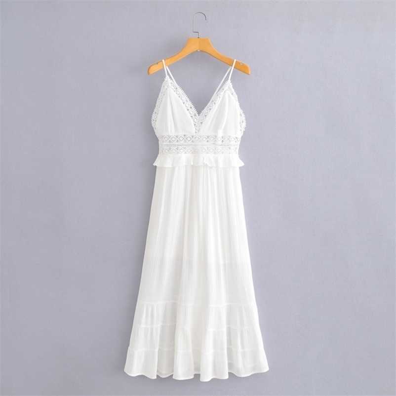 

Summer Spaghetti Strap dress Fashion V-neck Sleeveless long Party wedding Elegant women white 210524